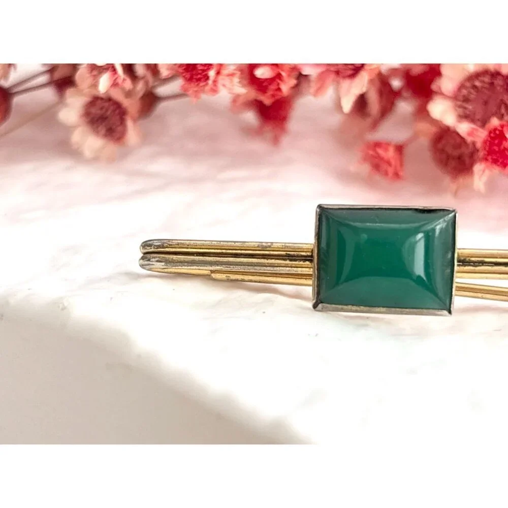 Swank Signed Faux Green Stone Gold Toned Vintage Men's Tie Bar | Tie Clip